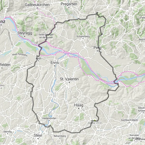 Miniature de la carte de l'inspiration cycliste "Route panoramique à travers les collines autrichiennes" dans la Oberösterreich, Austria. Générée par le planificateur d'itinéraire cycliste Tarmacs.app