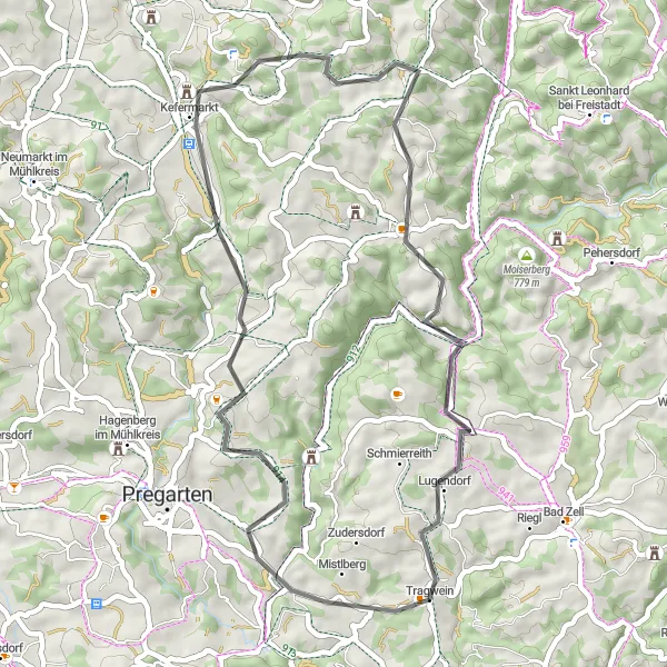 Miniature de la carte de l'inspiration cycliste "Le Tour des Collines Mystérieuses" dans la Oberösterreich, Austria. Générée par le planificateur d'itinéraire cycliste Tarmacs.app