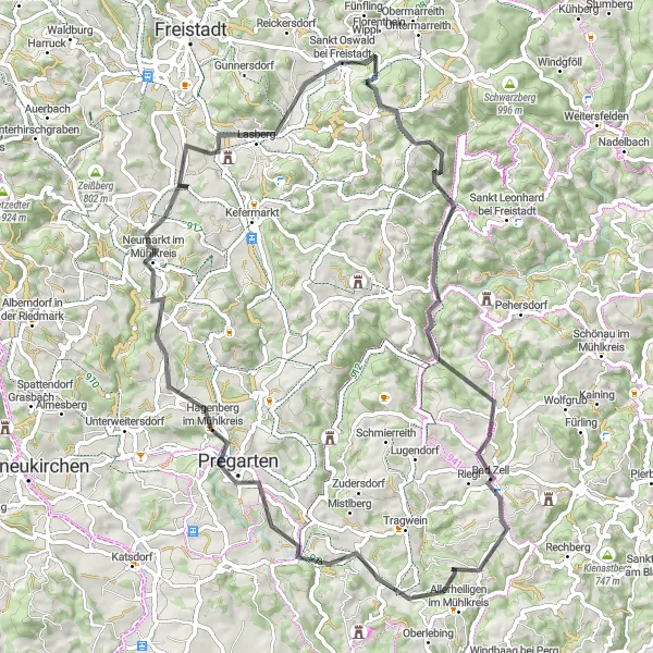 Miniatua del mapa de inspiración ciclista "Ruta de ciclismo de carretera por Neumarkt im Mühlkreis y Sankt Oswald bei Freistadt" en Oberösterreich, Austria. Generado por Tarmacs.app planificador de rutas ciclistas