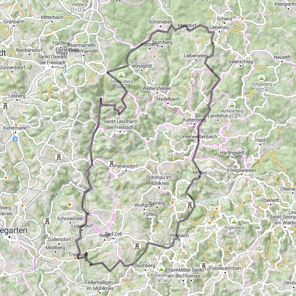 Karttaminiaatyyri "Reittina 86km ja 1839m nousua" pyöräilyinspiraatiosta alueella Oberösterreich, Austria. Luotu Tarmacs.app pyöräilyreittisuunnittelijalla