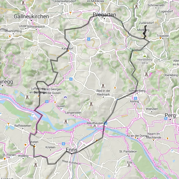 Karten-Miniaturansicht der Radinspiration "Donau und Mühlviertel-Runde" in Oberösterreich, Austria. Erstellt vom Tarmacs.app-Routenplaner für Radtouren