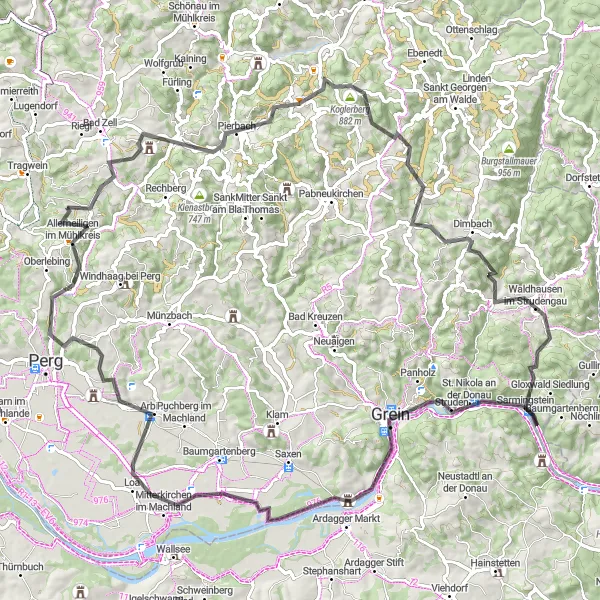 Miniatua del mapa de inspiración ciclista "Desafío montañoso y cultural" en Oberösterreich, Austria. Generado por Tarmacs.app planificador de rutas ciclistas