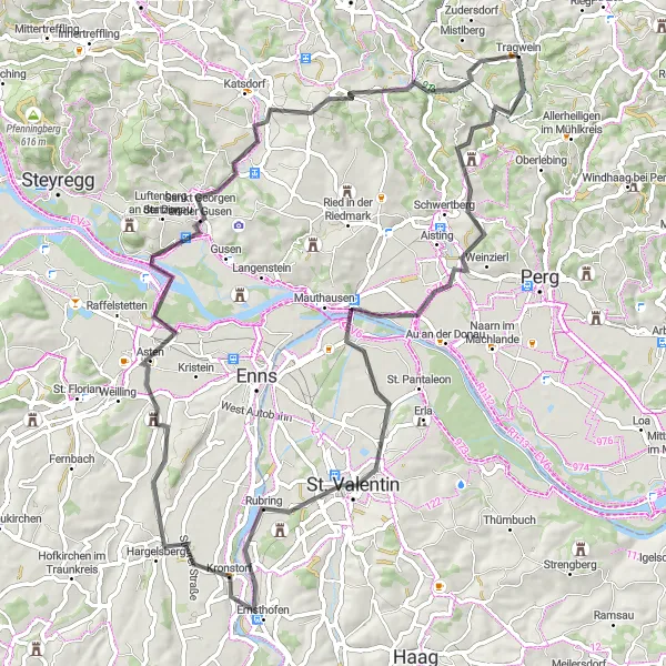 Kartminiatyr av "Historiska platser och vacker natur" cykelinspiration i Oberösterreich, Austria. Genererad av Tarmacs.app cykelruttplanerare