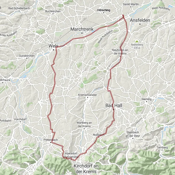 Miniatura della mappa di ispirazione al ciclismo "Esplorazione naturale tra Klangvulkan e Traun" nella regione di Oberösterreich, Austria. Generata da Tarmacs.app, pianificatore di rotte ciclistiche