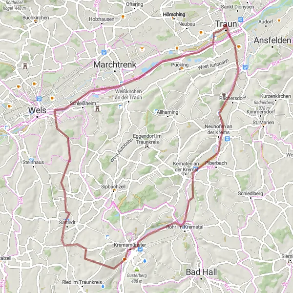 Miniaturní mapa "Gravelová trasa skrze Kremstal" inspirace pro cyklisty v oblasti Oberösterreich, Austria. Vytvořeno pomocí plánovače tras Tarmacs.app