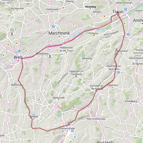 Karttaminiaatyyri "Traun - Alter Steinbruch - Wels Loop" pyöräilyinspiraatiosta alueella Oberösterreich, Austria. Luotu Tarmacs.app pyöräilyreittisuunnittelijalla