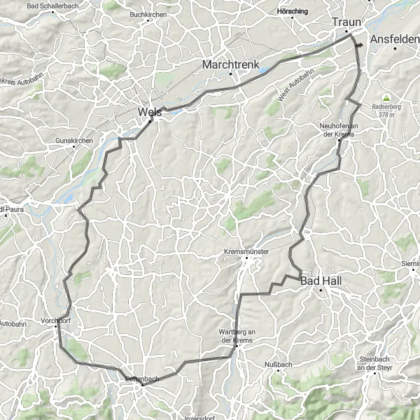 Miniatura della mappa di ispirazione al ciclismo "Viaggio in bicicletta tra vulcani e paesaggi rurali da Traun a Vorchdorf" nella regione di Oberösterreich, Austria. Generata da Tarmacs.app, pianificatore di rotte ciclistiche