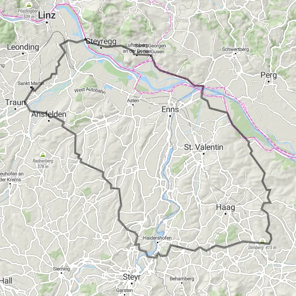 Miniature de la carte de l'inspiration cycliste "Les Châteaux et Mystères de Haute-Autriche" dans la Oberösterreich, Austria. Générée par le planificateur d'itinéraire cycliste Tarmacs.app