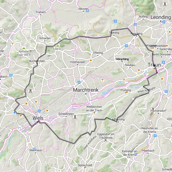 Miniaturní mapa "Okružní cyklistická trasa Allhaming - Traun" inspirace pro cyklisty v oblasti Oberösterreich, Austria. Vytvořeno pomocí plánovače tras Tarmacs.app