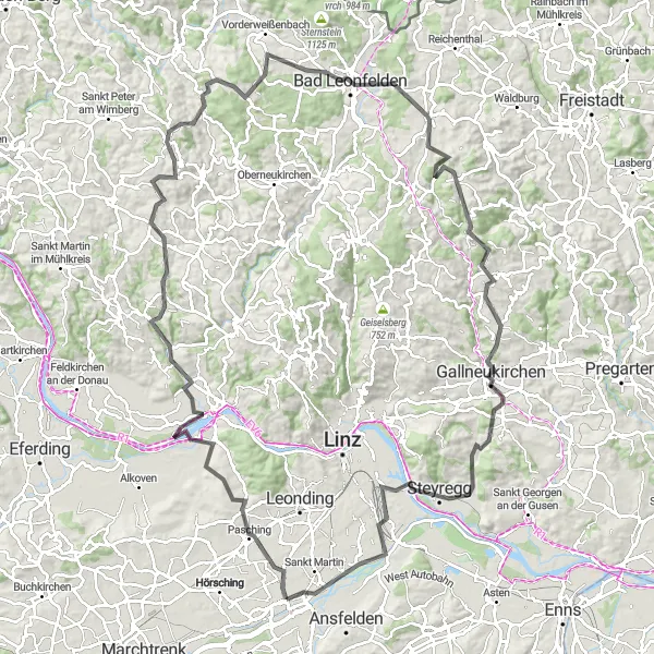 Miniatura della mappa di ispirazione al ciclismo "Esperienza unica tra Pasching e Steyregg" nella regione di Oberösterreich, Austria. Generata da Tarmacs.app, pianificatore di rotte ciclistiche