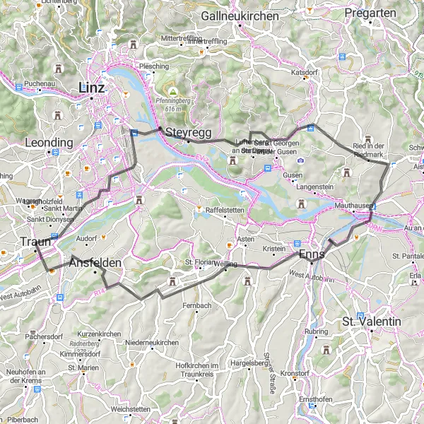 Kartminiatyr av "Runturen från Traun till Linz och tillbaka" cykelinspiration i Oberösterreich, Austria. Genererad av Tarmacs.app cykelruttplanerare