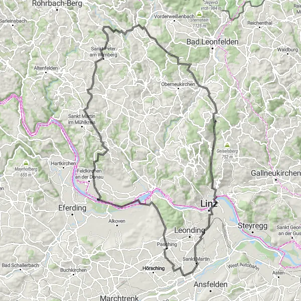 Kartminiatyr av "Opplev en spennende vei fra Linz til Traun" sykkelinspirasjon i Oberösterreich, Austria. Generert av Tarmacs.app sykkelrutoplanlegger