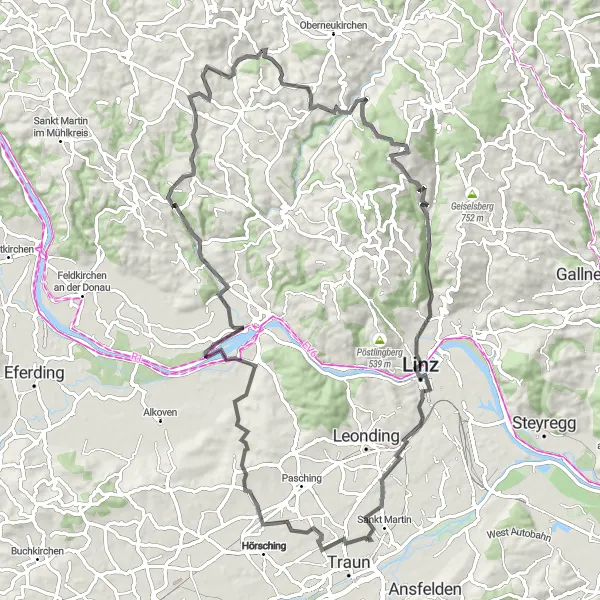 Kartminiatyr av "Linz - Ottensheim - St. Gotthard - Kirchschlag - Linz" sykkelinspirasjon i Oberösterreich, Austria. Generert av Tarmacs.app sykkelrutoplanlegger