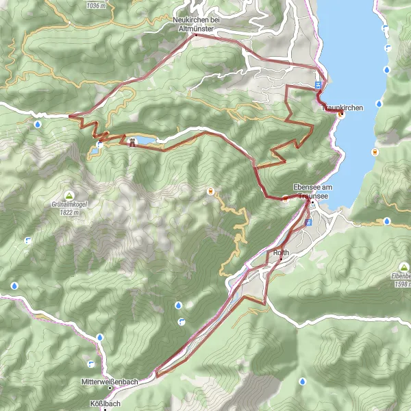 Miniatua del mapa de inspiración ciclista "Ruta de ciclismo de grava alrededor de Traunkirchen" en Oberösterreich, Austria. Generado por Tarmacs.app planificador de rutas ciclistas