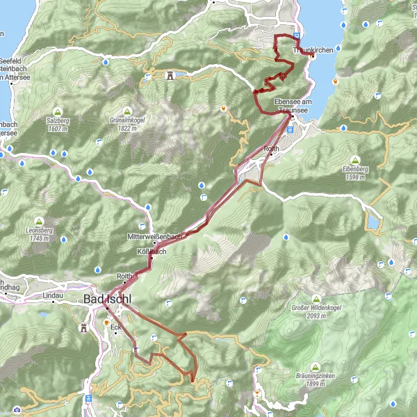 Mapa miniatúra "Alpine Gravel Challenge to Traunkirchen" cyklistická inšpirácia v Oberösterreich, Austria. Vygenerované cyklistickým plánovačom trás Tarmacs.app