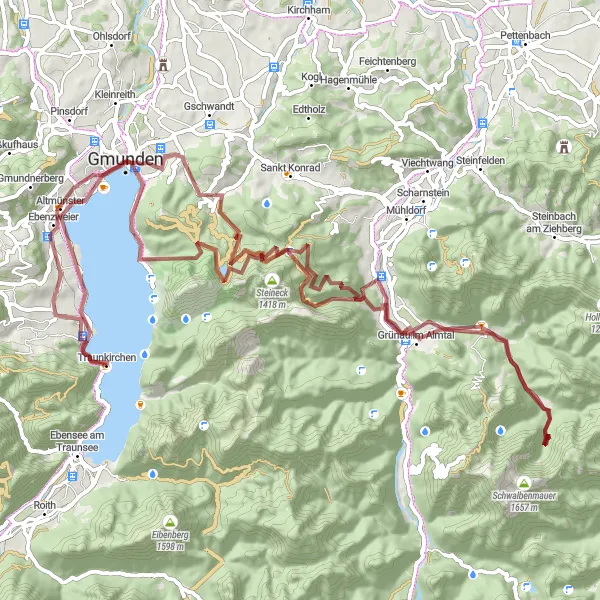 Kartminiatyr av "Gmunden til Seeschloss Ort Rundtur" sykkelinspirasjon i Oberösterreich, Austria. Generert av Tarmacs.app sykkelrutoplanlegger
