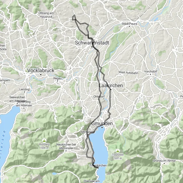 Mapa miniatúra "Okruh okolo jazera" cyklistická inšpirácia v Oberösterreich, Austria. Vygenerované cyklistickým plánovačom trás Tarmacs.app