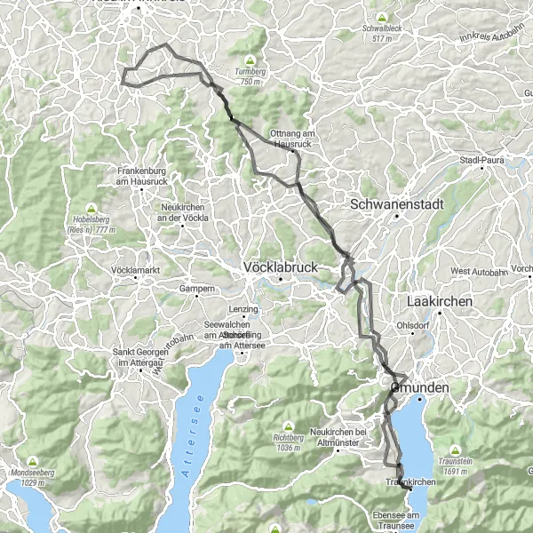 Zemljevid v pomanjšavi "Oberösterreichska cesta do Traunkirchna" kolesarske inspiracije v Oberösterreich, Austria. Generirano z načrtovalcem kolesarskih poti Tarmacs.app