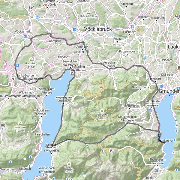 Karten-Miniaturansicht der Radinspiration "Traunkirchen - Wachtberg - Gampern - Pinsdorfberg - Traunkirchen" in Oberösterreich, Austria. Erstellt vom Tarmacs.app-Routenplaner für Radtouren