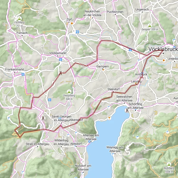 Zemljevid v pomanjšavi "Gravel Avantura okoli jezera Attersee" kolesarske inspiracije v Oberösterreich, Austria. Generirano z načrtovalcem kolesarskih poti Tarmacs.app