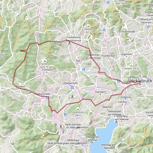 Miniaturní mapa "Gravel Route around Vöcklabruck" inspirace pro cyklisty v oblasti Oberösterreich, Austria. Vytvořeno pomocí plánovače tras Tarmacs.app