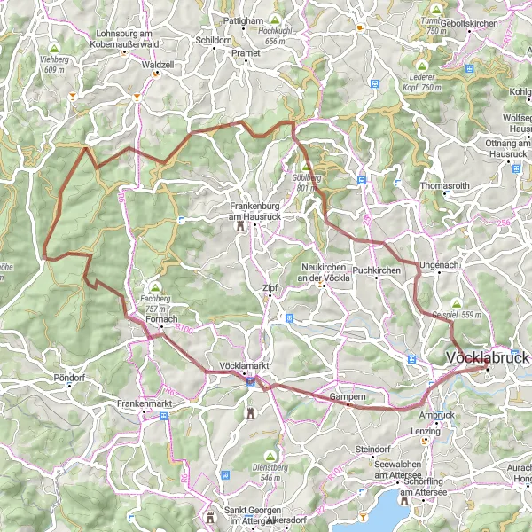 Miniatua del mapa de inspiración ciclista "Ruta de Grava por Vöcklabruck y los alrededores" en Oberösterreich, Austria. Generado por Tarmacs.app planificador de rutas ciclistas