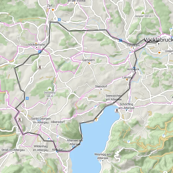 Miniatua del mapa de inspiración ciclista "Ruta por Vöcklabruck y Lake Atter en carretera" en Oberösterreich, Austria. Generado por Tarmacs.app planificador de rutas ciclistas