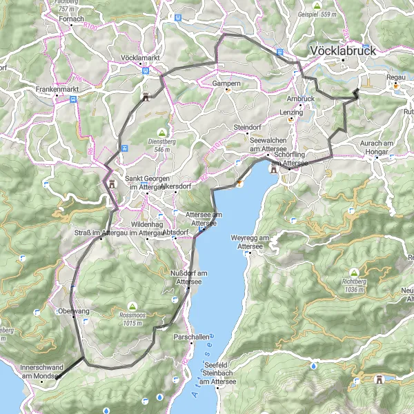 Miniatua del mapa de inspiración ciclista "Ruta de Ciclismo de Carretera Attersee" en Oberösterreich, Austria. Generado por Tarmacs.app planificador de rutas ciclistas