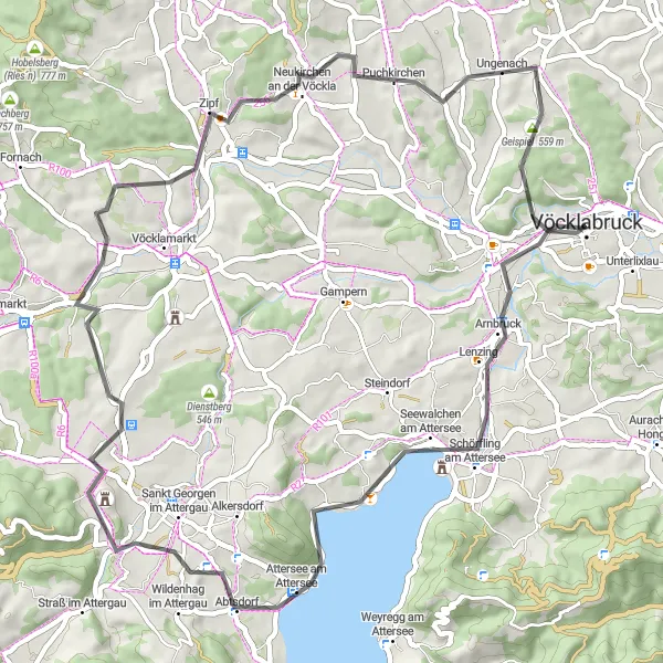 Zemljevid v pomanjšavi "Kolesarska pot po okolici Vöcklabrucka" kolesarske inspiracije v Oberösterreich, Austria. Generirano z načrtovalcem kolesarskih poti Tarmacs.app