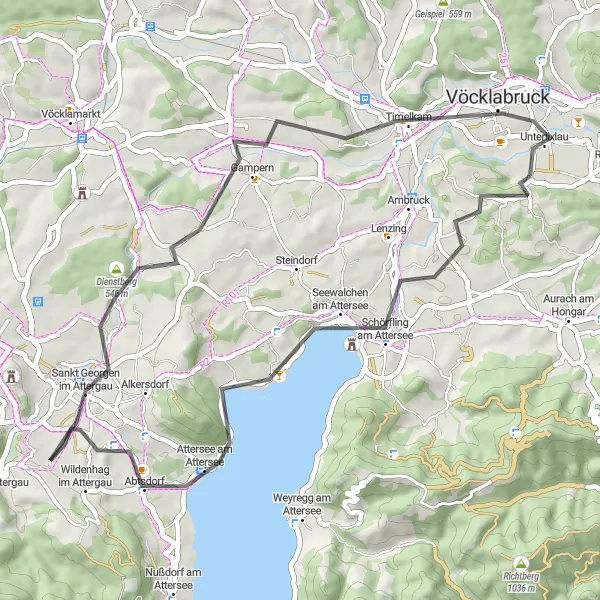 Miniatuurkaart van de fietsinspiratie "Wegroute langs Lake Atter en Dienstberg" in Oberösterreich, Austria. Gemaakt door de Tarmacs.app fietsrouteplanner