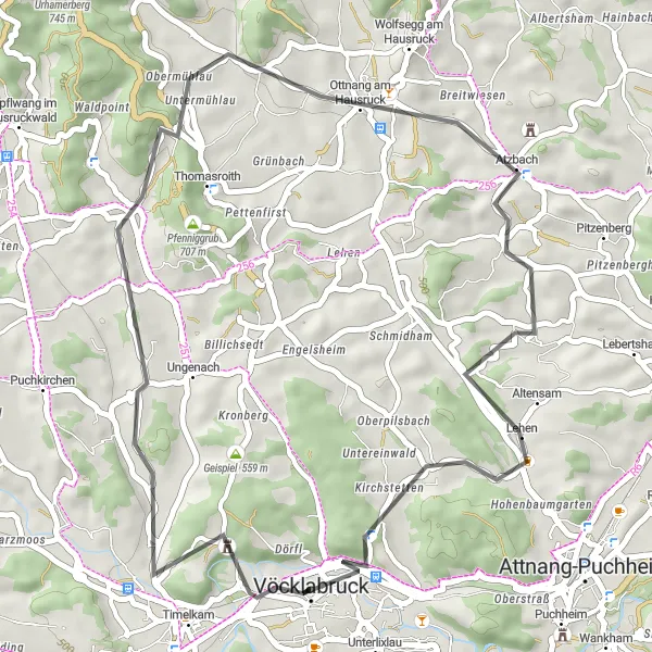 Miniaturní mapa "Road Route Ottnang am Hausruck" inspirace pro cyklisty v oblasti Oberösterreich, Austria. Vytvořeno pomocí plánovače tras Tarmacs.app