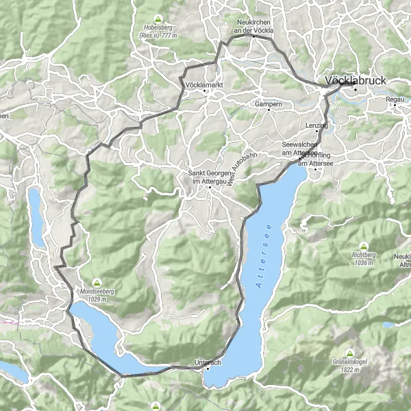 Miniature de la carte de l'inspiration cycliste "Le Tour du Lac Attersee" dans la Oberösterreich, Austria. Générée par le planificateur d'itinéraire cycliste Tarmacs.app