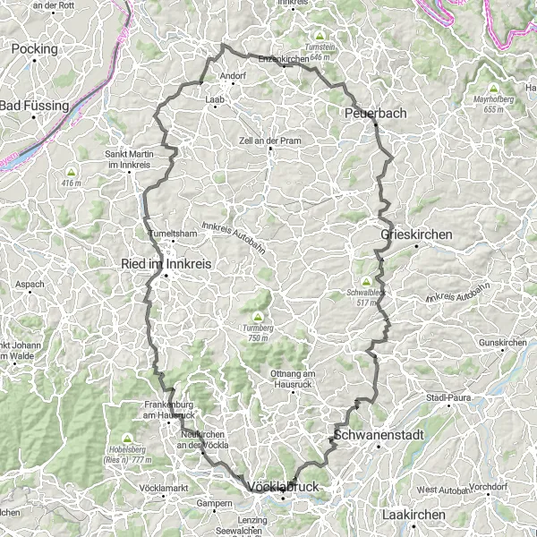 Map miniature of "Vöcklabruck - Guggenberg - Mayrhof - Sigharting Loop" cycling inspiration in Oberösterreich, Austria. Generated by Tarmacs.app cycling route planner