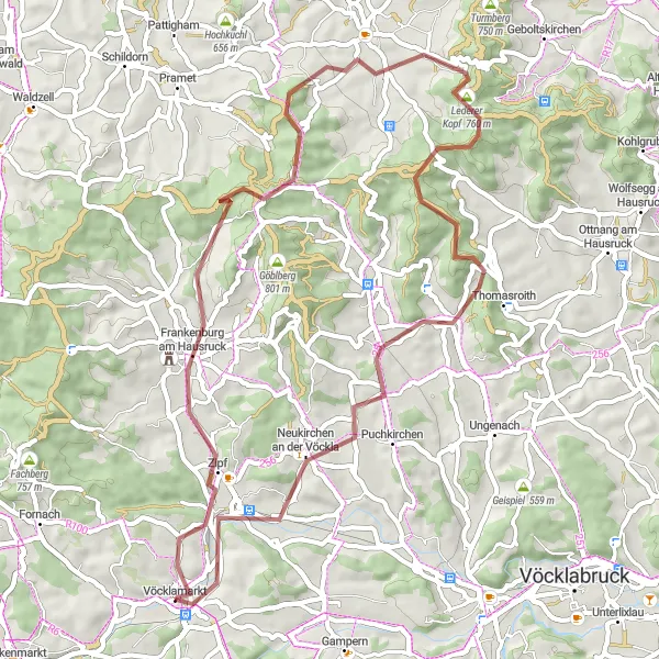 Map miniature of "Countryside Gravel Ride near Vöcklamarkt" cycling inspiration in Oberösterreich, Austria. Generated by Tarmacs.app cycling route planner
