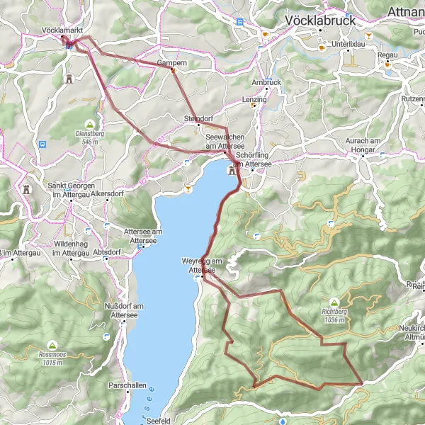 Miniaturekort af cykelinspirationen "Gravel Eventyr i Attersee-området" i Oberösterreich, Austria. Genereret af Tarmacs.app cykelruteplanlægger