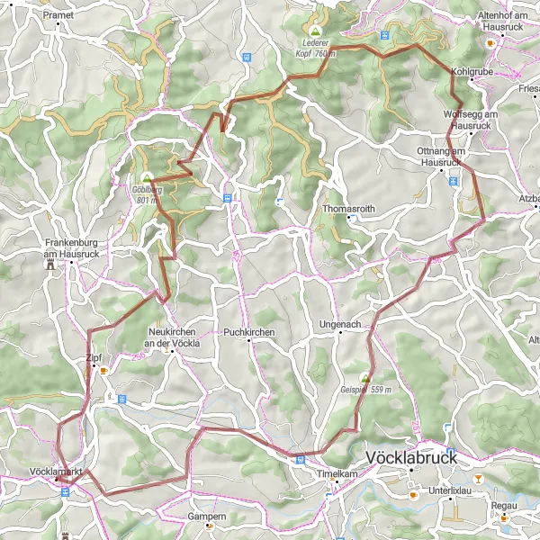 Miniature de la carte de l'inspiration cycliste "Boucle montagneuse de Wolfsegg" dans la Oberösterreich, Austria. Générée par le planificateur d'itinéraire cycliste Tarmacs.app
