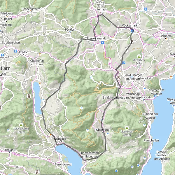 Miniatua del mapa de inspiración ciclista "Aventura por los Lagos Salzkammergut" en Oberösterreich, Austria. Generado por Tarmacs.app planificador de rutas ciclistas