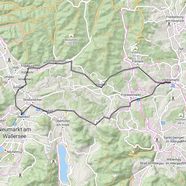 Miniaturní mapa "Okruh kolem Vöcklamarktu" inspirace pro cyklisty v oblasti Oberösterreich, Austria. Vytvořeno pomocí plánovače tras Tarmacs.app