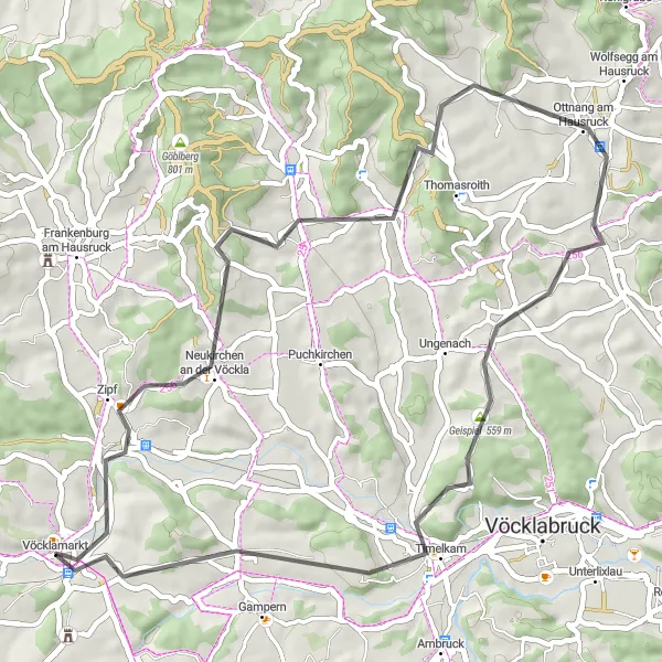 Zemljevid v pomanjšavi "Pohodništvo v osrčju Vöcklamarkta" kolesarske inspiracije v Oberösterreich, Austria. Generirano z načrtovalcem kolesarskih poti Tarmacs.app