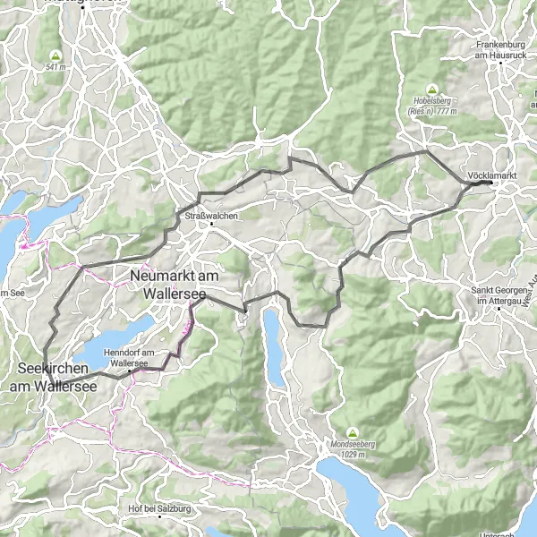 Karttaminiaatyyri "Vöcklamarktin maaseutureitti" pyöräilyinspiraatiosta alueella Oberösterreich, Austria. Luotu Tarmacs.app pyöräilyreittisuunnittelijalla