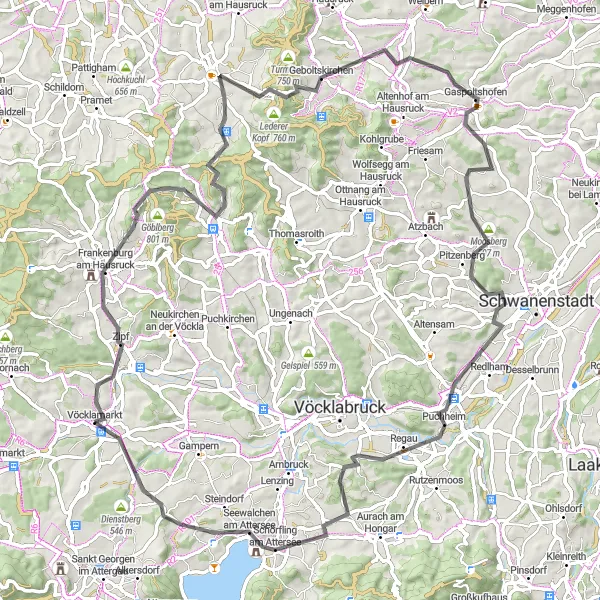Miniatura della mappa di ispirazione al ciclismo "Tour delle Colline dell'Alta Austria" nella regione di Oberösterreich, Austria. Generata da Tarmacs.app, pianificatore di rotte ciclistiche