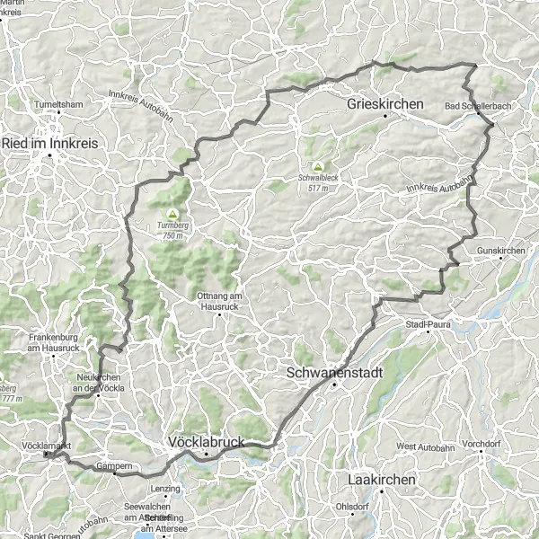 Mapa miniatúra "Okruh Vöcklamarkt - Mosty na cestách" cyklistická inšpirácia v Oberösterreich, Austria. Vygenerované cyklistickým plánovačom trás Tarmacs.app