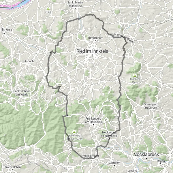 Miniaturní mapa "Fornach-Eberschwang Challenge" inspirace pro cyklisty v oblasti Oberösterreich, Austria. Vytvořeno pomocí plánovače tras Tarmacs.app