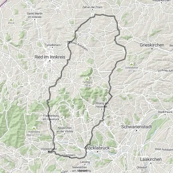 Kartminiatyr av "Vöcklamarkt til Gampern Road Cycle" sykkelinspirasjon i Oberösterreich, Austria. Generert av Tarmacs.app sykkelrutoplanlegger