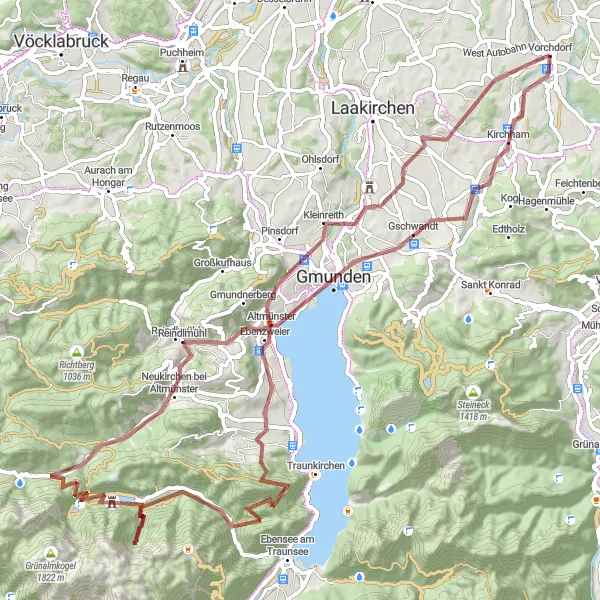 Miniatura della mappa di ispirazione al ciclismo "Il Giro delle Alture di Vorchdorf" nella regione di Oberösterreich, Austria. Generata da Tarmacs.app, pianificatore di rotte ciclistiche