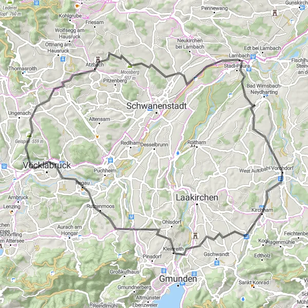 Miniatura della mappa di ispirazione al ciclismo "Giro Castelli e Naturaleza" nella regione di Oberösterreich, Austria. Generata da Tarmacs.app, pianificatore di rotte ciclistiche