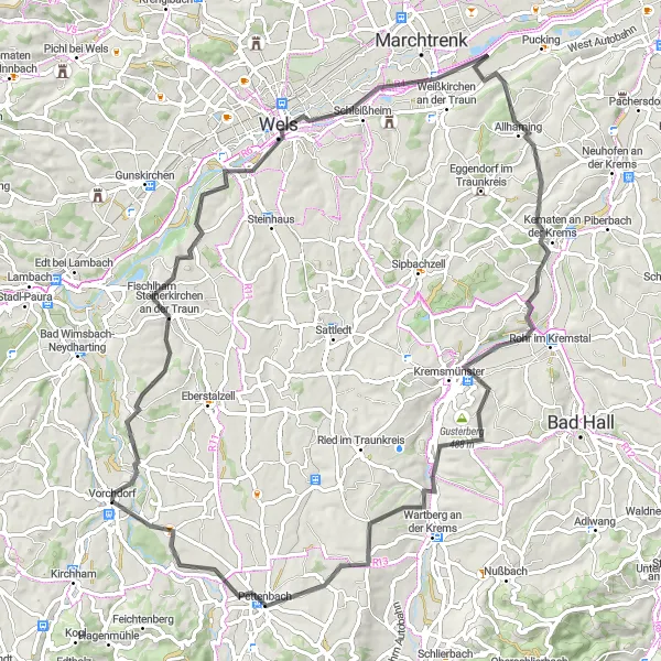 Miniatua del mapa de inspiración ciclista "Ruta cultural por Wels y Kematen" en Oberösterreich, Austria. Generado por Tarmacs.app planificador de rutas ciclistas