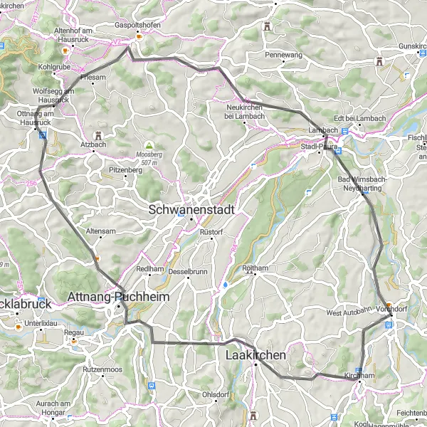 Karttaminiaatyyri "Kulttuurireitti Laakircheniin" pyöräilyinspiraatiosta alueella Oberösterreich, Austria. Luotu Tarmacs.app pyöräilyreittisuunnittelijalla