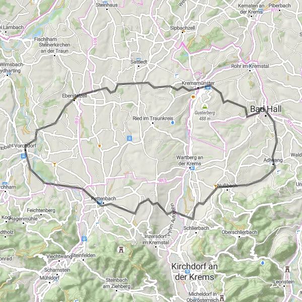 Miniatua del mapa de inspiración ciclista "Ruta de ciclismo de carretera de 65km con 779m de ascenso cerca de Vorchdorf" en Oberösterreich, Austria. Generado por Tarmacs.app planificador de rutas ciclistas
