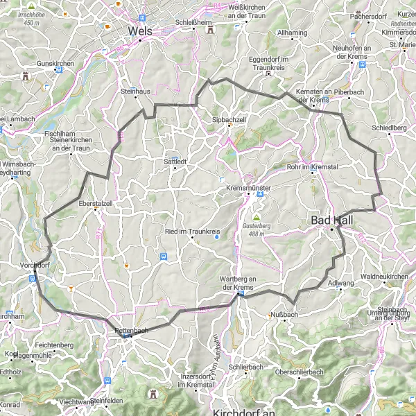 Miniatua del mapa de inspiración ciclista "Ruta de ciclismo de carretera de 81km con 967m de ascenso cerca de Vorchdorf" en Oberösterreich, Austria. Generado por Tarmacs.app planificador de rutas ciclistas